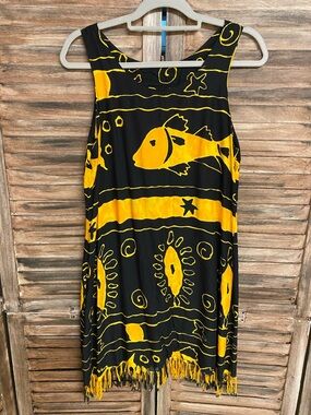 Koko knot Black & Yellow Fish Print Fringe Tank Dress
